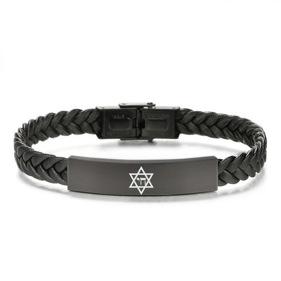 Dainty Black Chai Amulet Mogen David Star Men's Leather Bracelet Kabbalah Judaica Star of David Religious Symbols Jewish Jewelry for Protection, 8.26 Inch