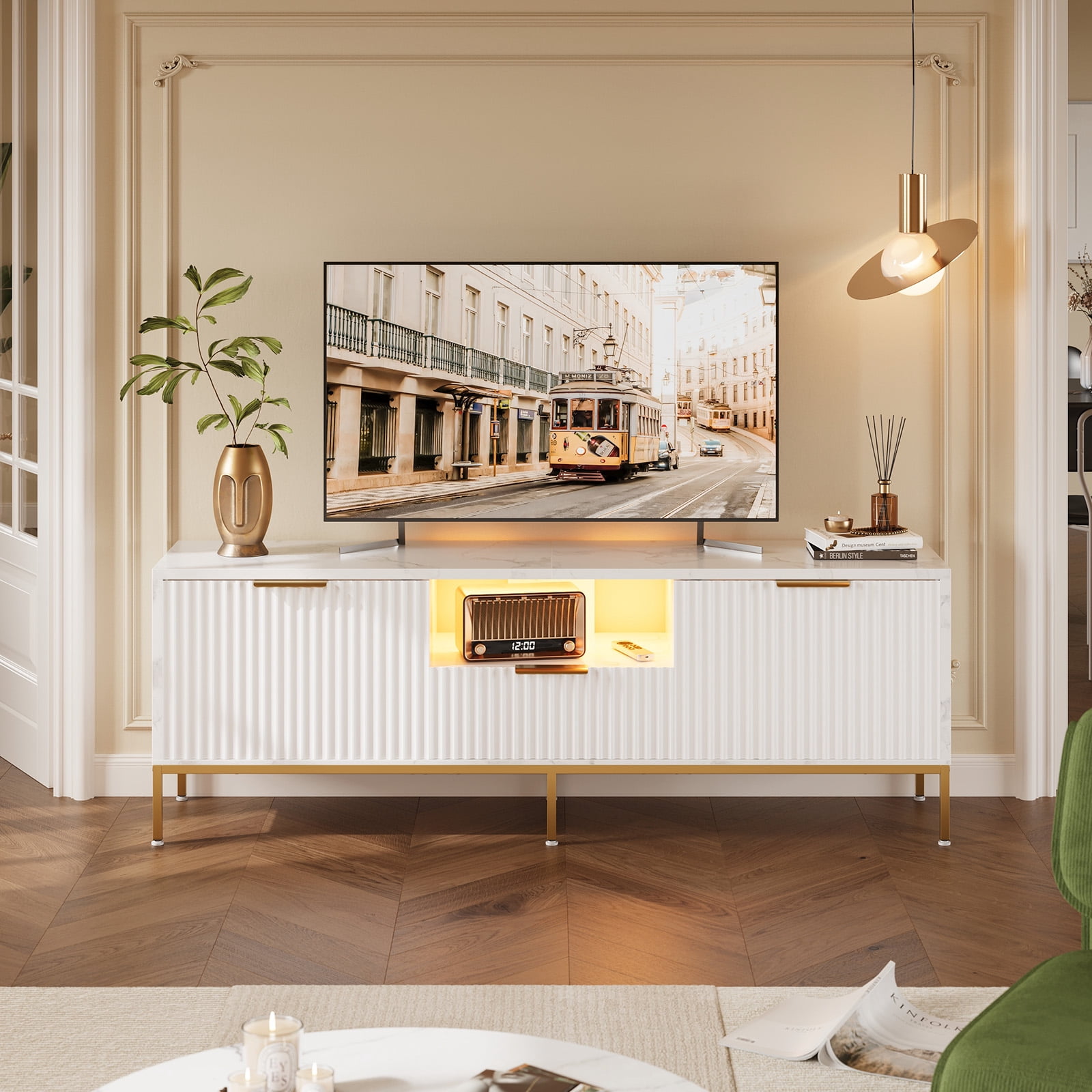 Bestier 55" LED TV Stand for TVs up to 60" Modern High Gloss Entertainment Center with Drawers Cabinets Fluted TV Console, White Marble & Gold