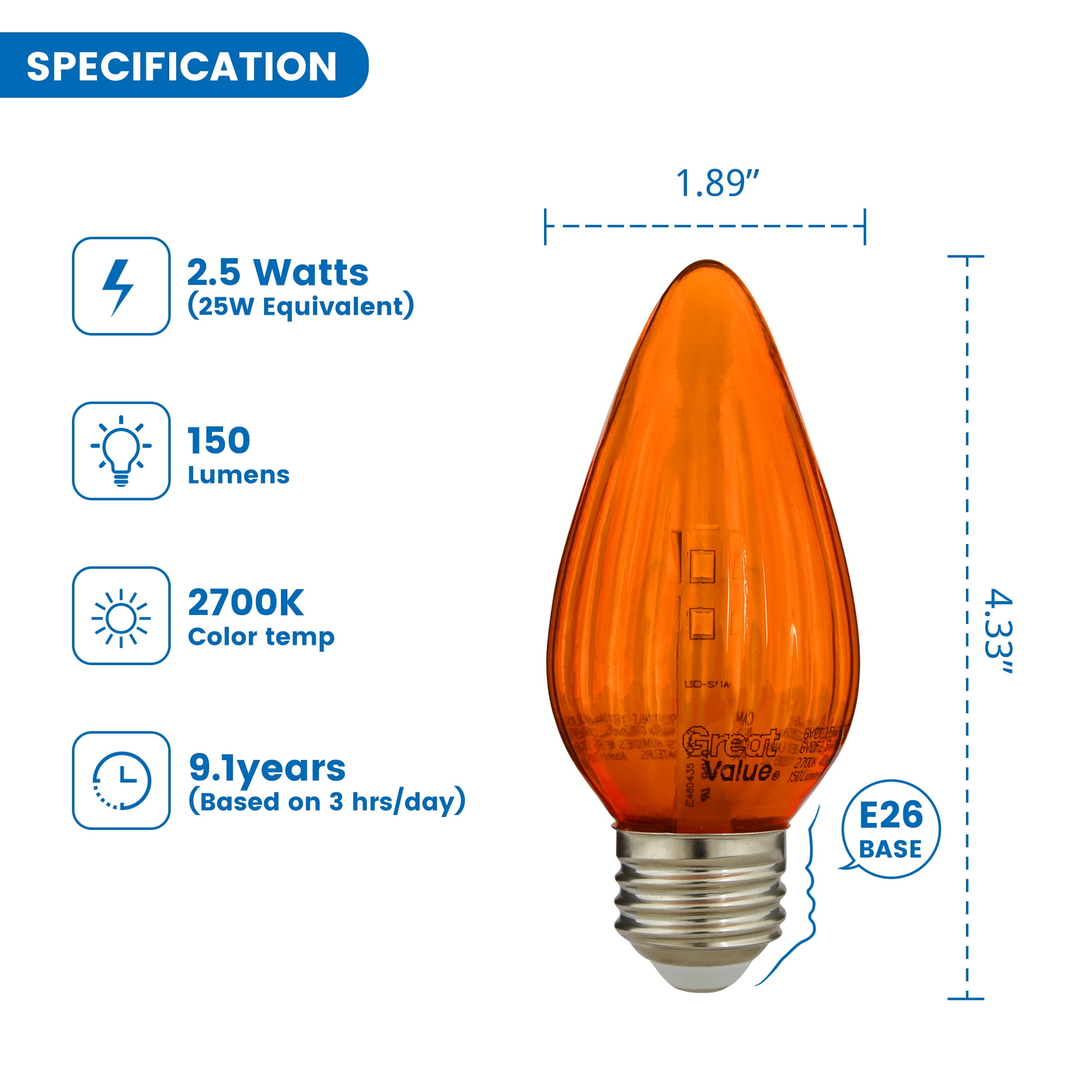 (2 pack) Great Value F15 LED 2.5W (25W Equivalent) Soft White Bulbs,Decorative Red Color Medium Base,2 Pack