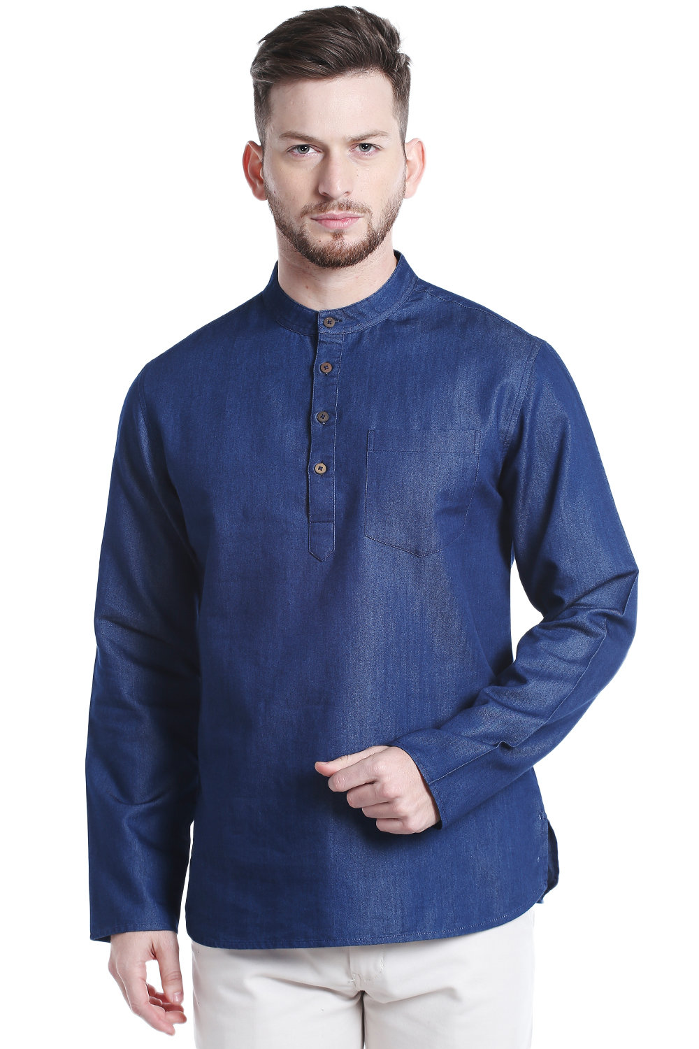 Shatranj Men's Limited Edition Cotton Kurta Tunic with Denim Texture