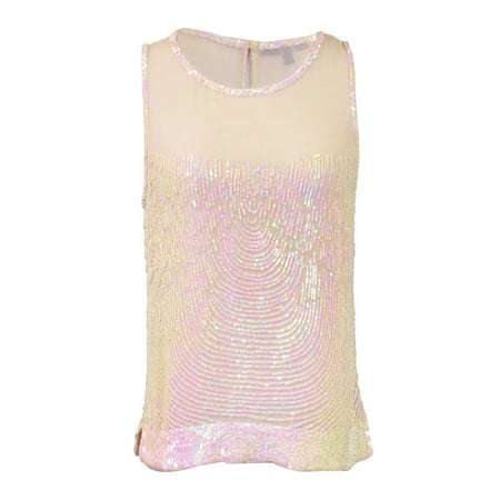 - Ligali Dressy Sleeveless Loose Fitted Top With Mesh Neckline And Sequin Design