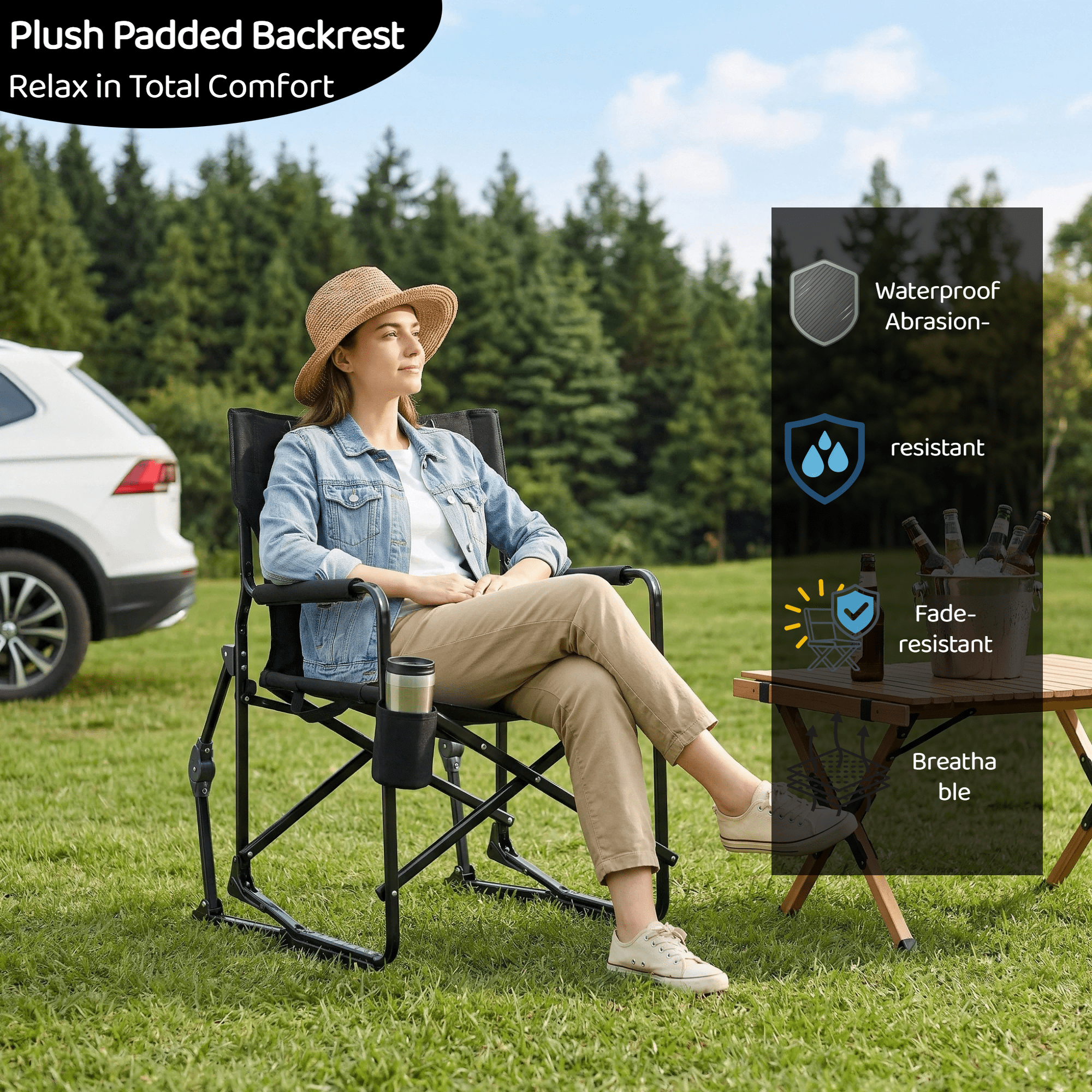 Blazezo Portable Folding Rocking Camping Chair, Outdoor Rocker with Drink Holder, Heavy Duty 400 lb Capacity, Breathable Mesh, for Lawn Patio