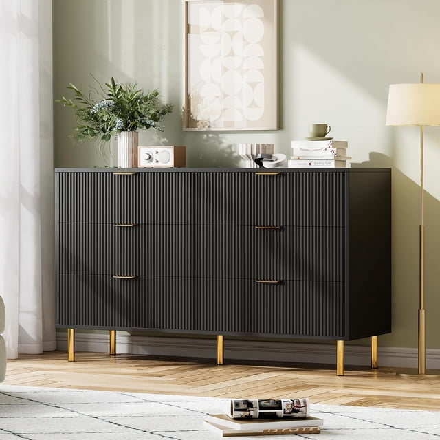 Commode Moderne à 6 Tiroirs avec Poignée Dorée et Grand Tiroir, Double Commode en Bois et Organisateur de Rangement pour Salon
