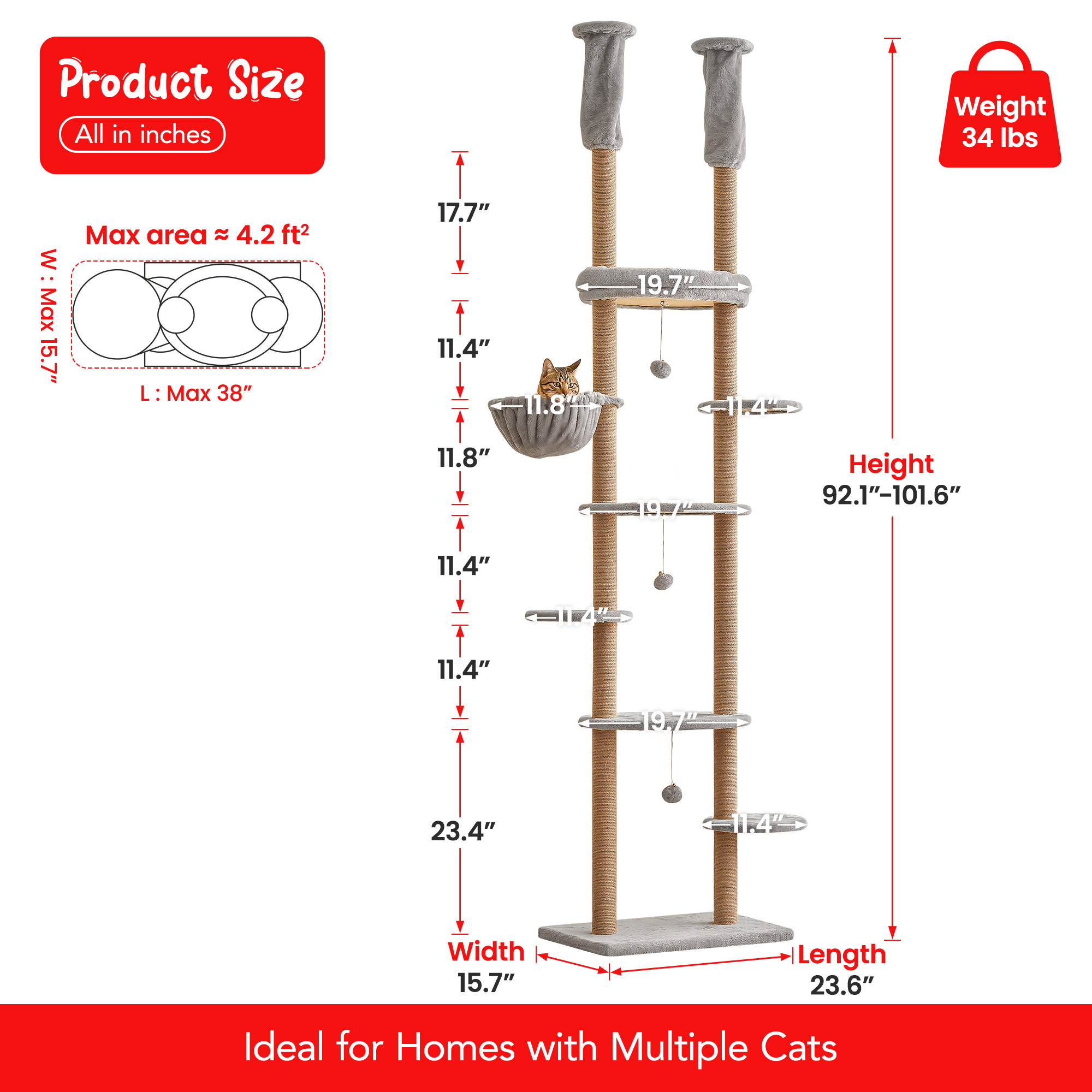 Furcato 92.1"-101.6" Adjustable Height Cat Tree, Floor to Ceiling Cat Tower, 7 Tiers Cat Climbing Tree with Hammock, Fully Sisal Scratching Posts for Indoor Cats, Light Grey