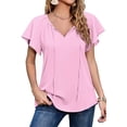 thumbnail image 4 of Chiffon Top, V Neck Chiffon Top Polyester Printed Ruffle Sleeve  For Dating Pink L, 4 of 6