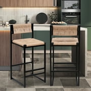 SYNGAR Bar Stools with Back Sets of 2, Woven Bar Chair with Metal Legs, Counter Height Bar Stools, Bar Chairs for Kitchen Bars Restaurants, Tufted Barstools Set, Honey