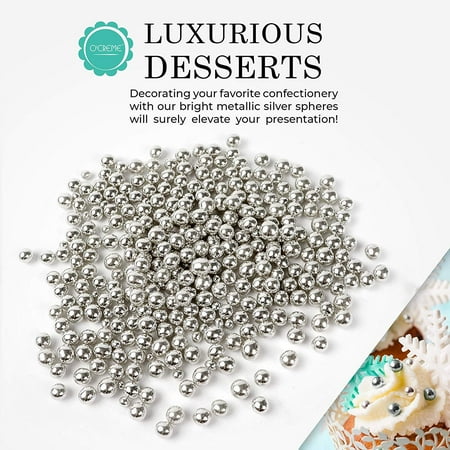 O'Creme Silver Dragees Cake Decorating Supplies for Bakers: Cookie, Cupcake & Icing Toppings, Bright Metallic Sphere Sprinkles Decoration, Certified, Decorating Sugar Ball Accents 3mm, 16 oz