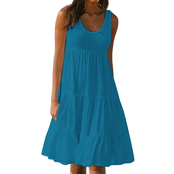 Husipze Plus Size Sleeveless Tank Dress for Women Tiered Knee Length Sundresses Round Neck Casual A-Line Dress for Summer Vacation Sky Blue L