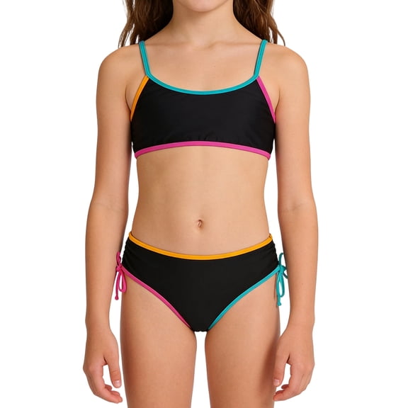 VNKIDY Girls Kids Two Piece Bikini Set Color Block Spaghetti Strap Top High Waist Bottoms With Side Drawstring For Summer Beach Vacation Black1 11-12 Years