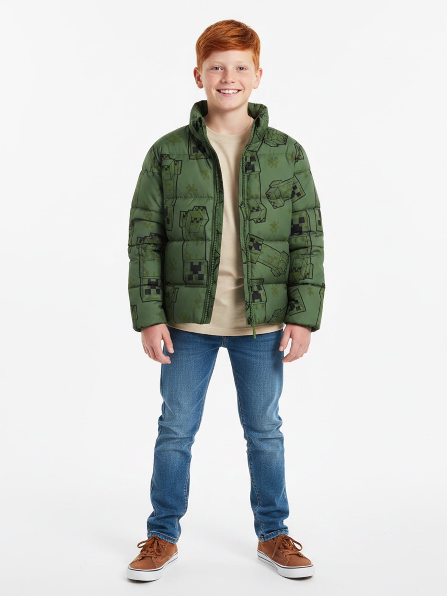 Boys’ Minecraft Creeper Allover Print Puffer Jacket, Olive Green, Sizes XS–XL