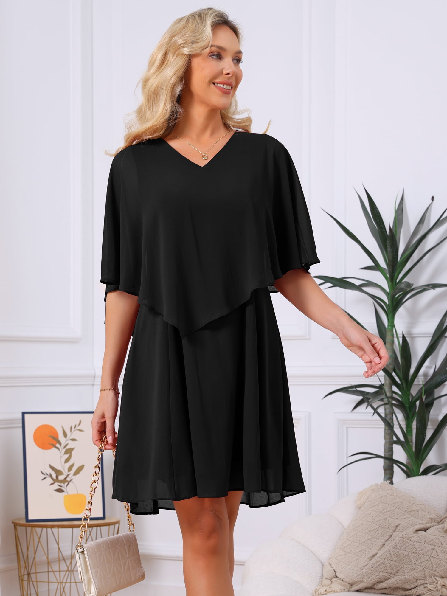 DARING DIVA Women's Chiffon Half Sleeve V Neck Wedding Guest Dress XL Black