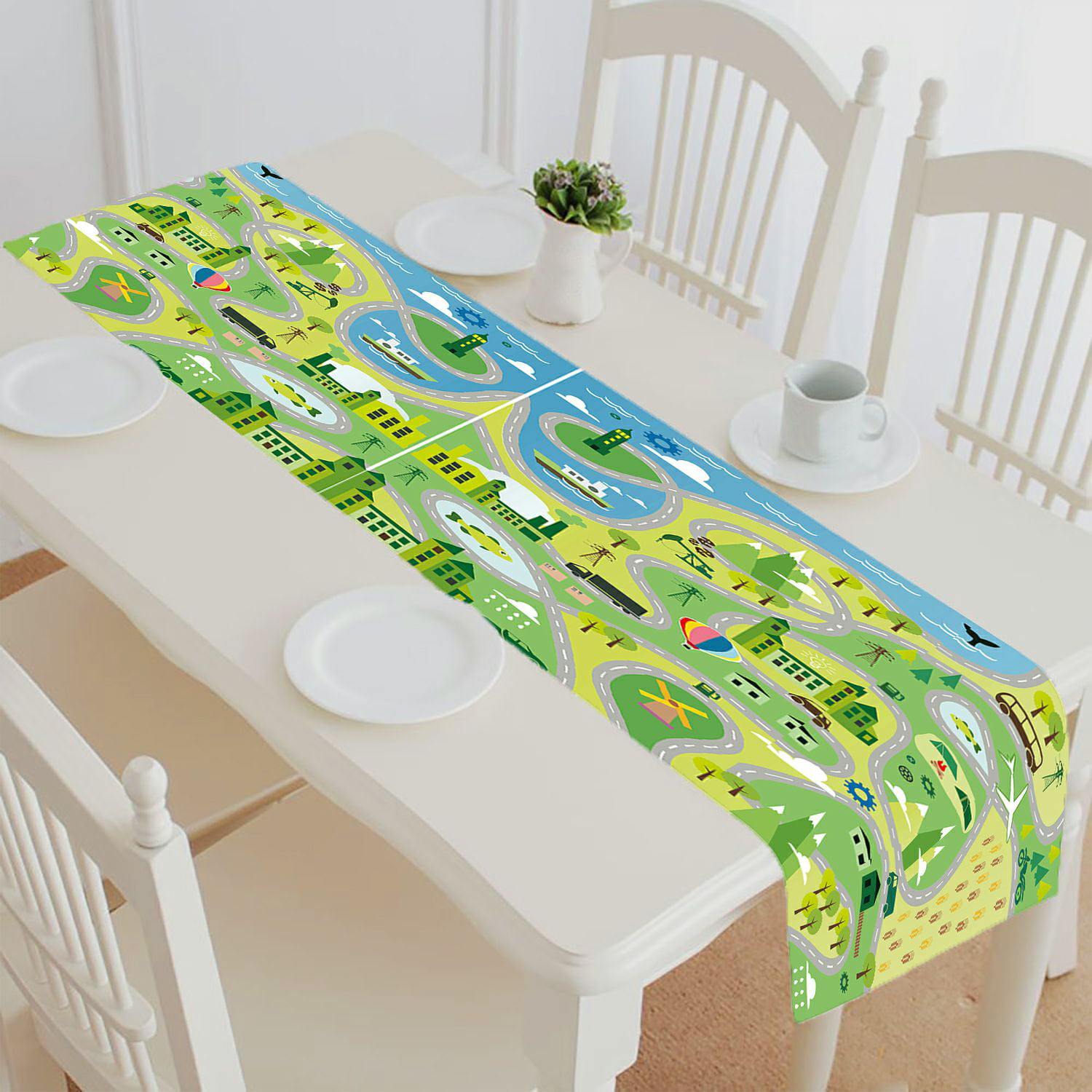 Cotton Linen Table Runner Cartoon Green Dinosaur on White Dresser Scarves Funny Animal Stick Figure Art Table Runners for Dining Room Holiday Party Kitchen Home Decor 13x70In