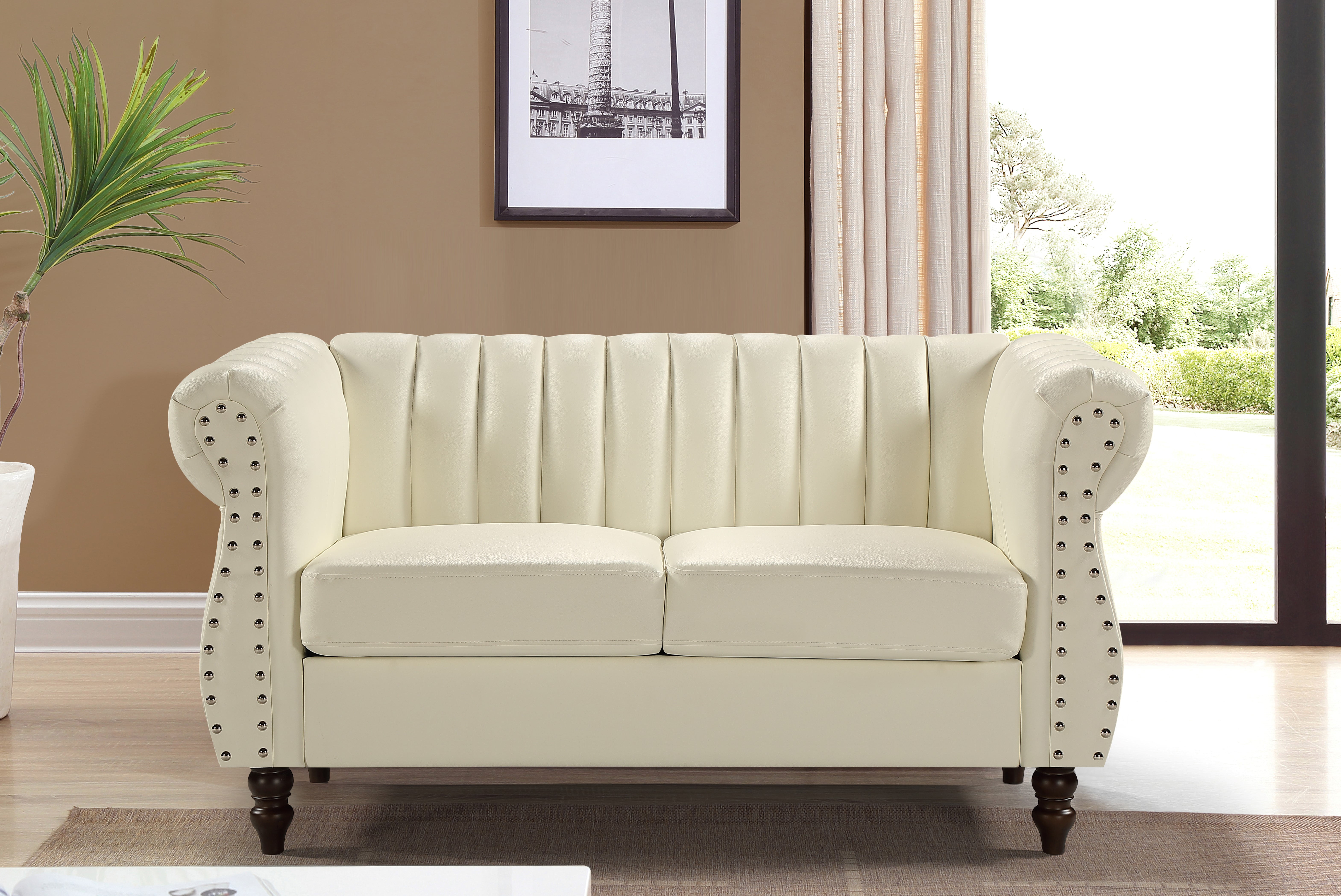 Uspridefurniture Charlot Faux Leather Rolled Arm 2Pcs Living Room Set, Cream White