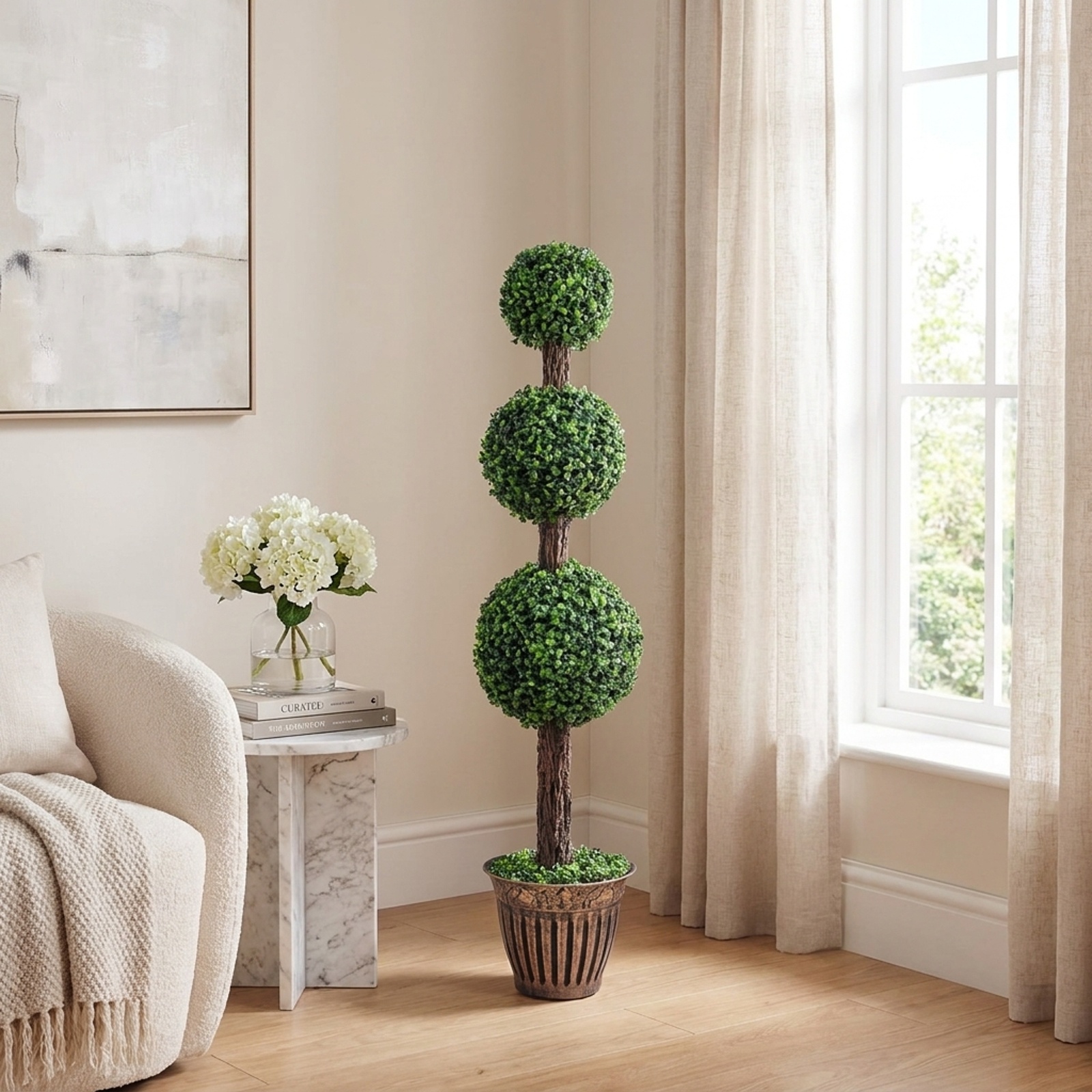 Vebreda Artificial Plant Decor, 4 FT Artificial Triple Ball Boxwood Tree with Cement-filled Retro Planter, Realistic & Inviting Appearance