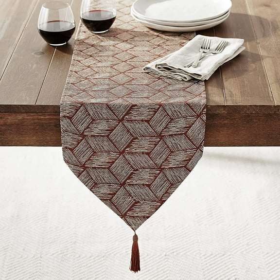 Violet Linen Fortune 3D Geometric Pattern, Polyester Jacquard, with Tassles, Brown, 13 Inch x 70 Inch, Decorative Table Runner