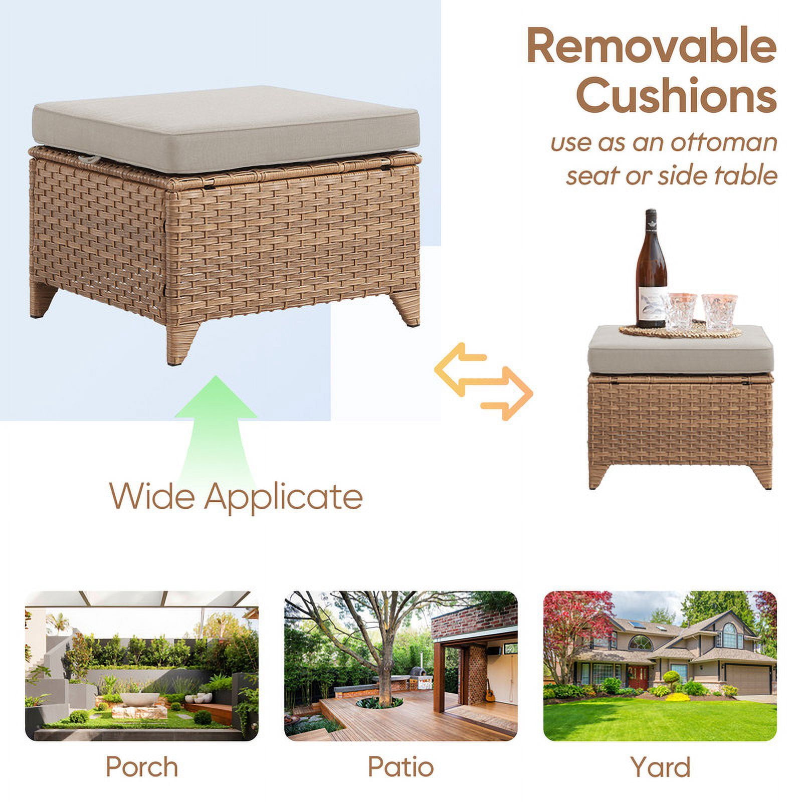PARKWELL 7-Piece Wicker Outdoor Patio Dining Set with Side Table and Ottoman, Beige