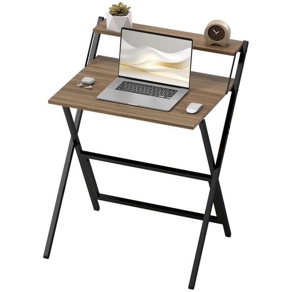 Compact Folding Desk with Monitor Stand, 27.6" Small Space Home Office Desk, Easy Assembly, Walnut Finish