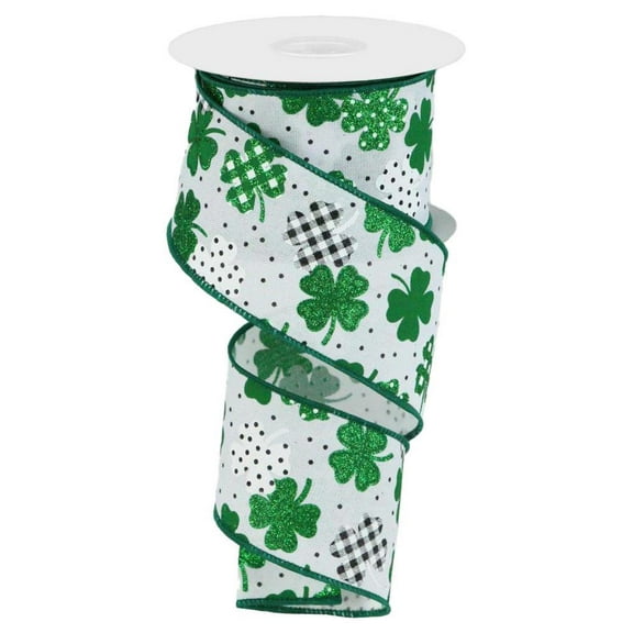 Patterned Glitter Shamrocks Wired Edge Ribbon - 10 Yards (2.5 Inch, White)