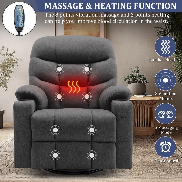 Swivel Rocker Recliner Chair With Massage & Heat - Manual Glider, Cup Holders, Lumbar Pillow (Black)