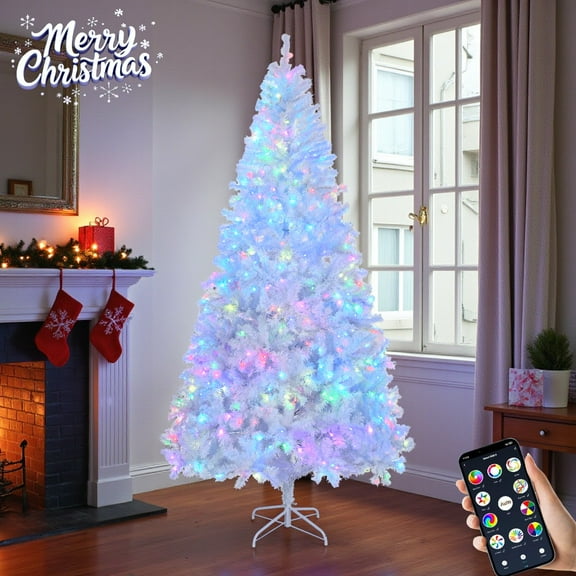 7FT Pre-Lit Artificial Christmas Tree with 400 RGB Lights & APP Control, White Holiday Xmas Tree w/ 1150 Branch Tips & Iron Base, Easy Assembly