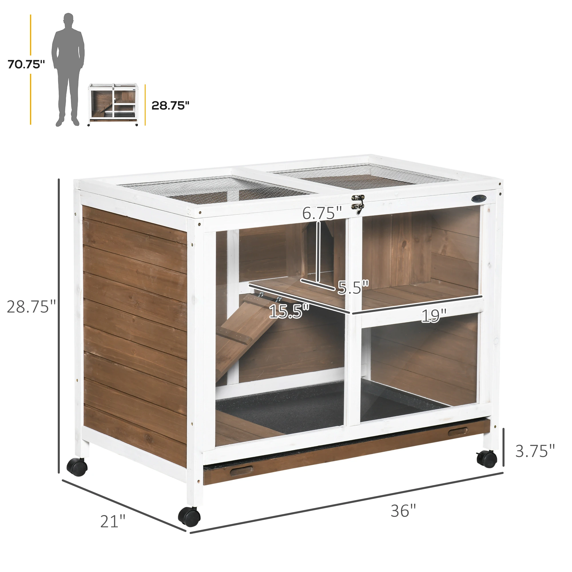 Pefilos 36" Indoor Rabbit Hutch with Wheels, Removable Tray and Openable Top, Wooden Bunny House Small Animal Habitat, Brown