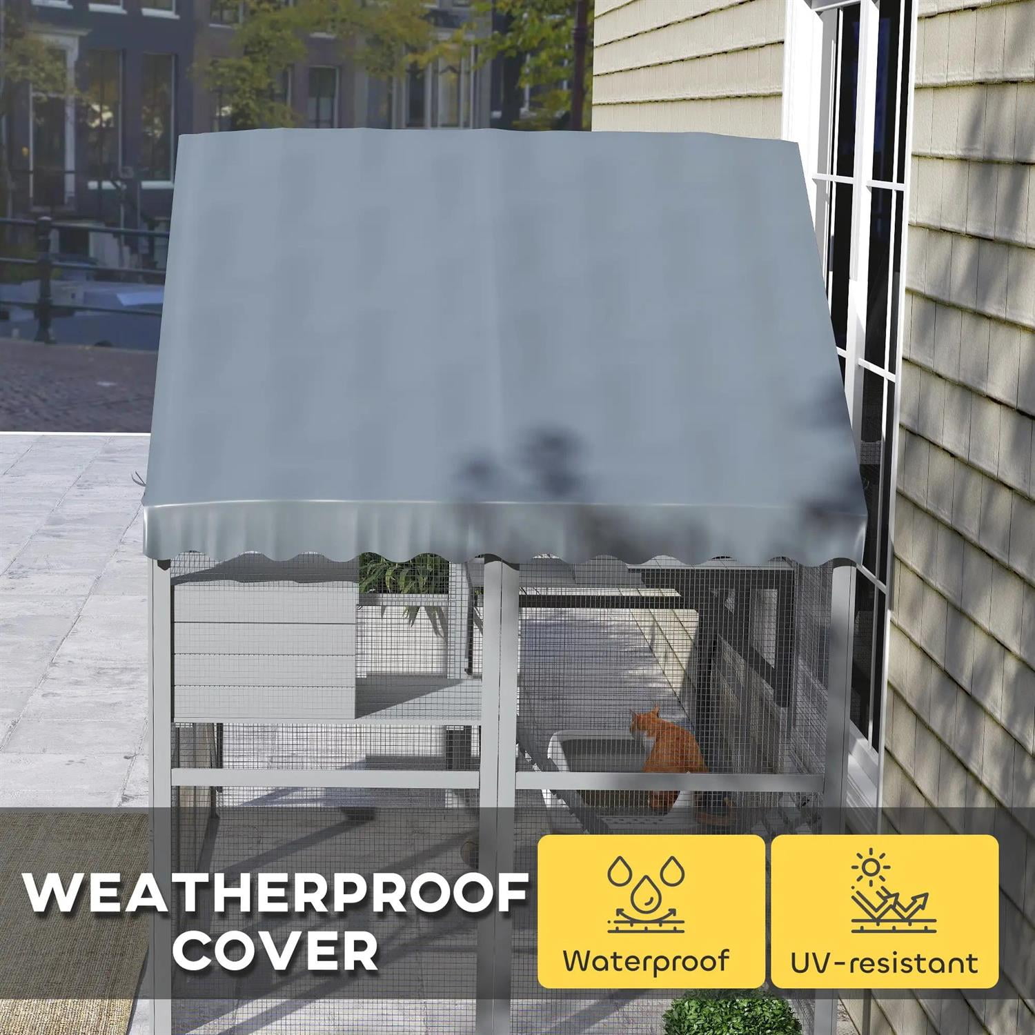 Pefilos 73" Outdoor Cat Cage with Waterproof Cover, 2 Condos, 4 Platforms, Bridge, Wooden Catio House for 2-3 Kittens Cats, Indoor Cat Enclosure, Gray