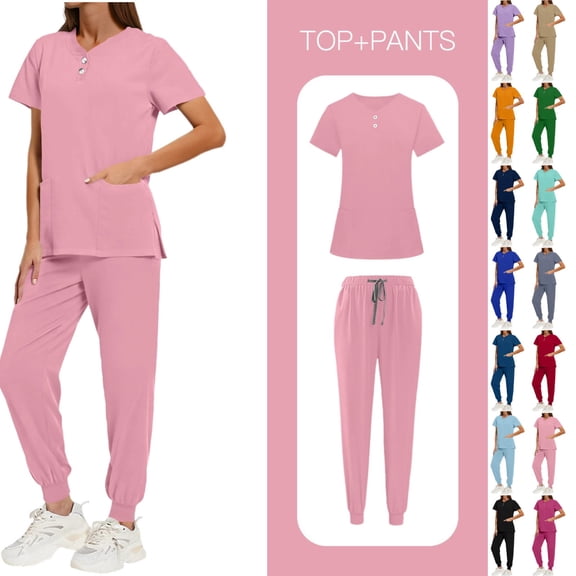 Women's Solid Color Scrubs Set - Loose Fit V-Neck Button Down Top with Side Slits Drawstring Jogger Pants, Multi-Pocket Nursing Medical Uniform for Hospital Clinic, Healthcare Workers