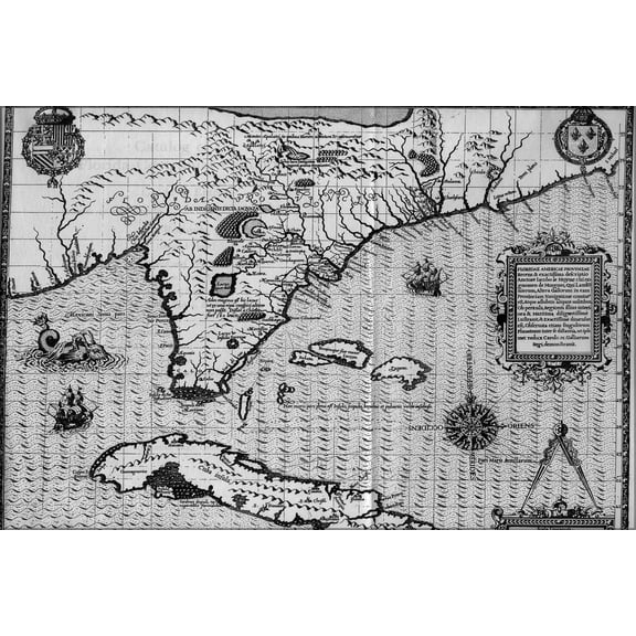 24"x36" Gallery Poster, MAP OF FLORIDA by jacques le Moyne 1591