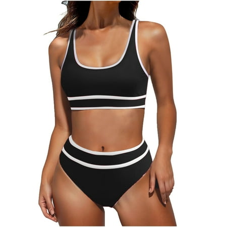 Ohufall High Waisted Womens Bikini Sets Sporty Two Piece Swimsuits for Women Color Block High Cut Bathing Suits