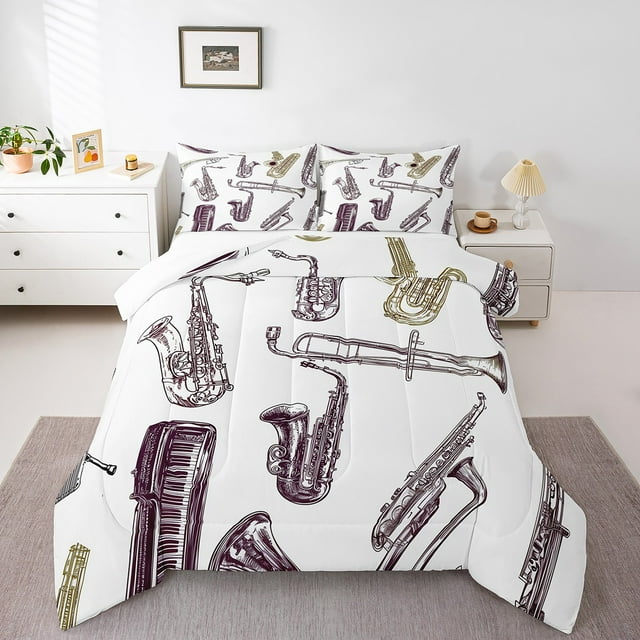 Saxophone Instrument Full Down Comforter Retro Jazz Music Comforter Sets,Boys Girls Modern Mucical Notes Bedding Sets Vintage Piano Tromebone Pattern Bedding Comforter Sets