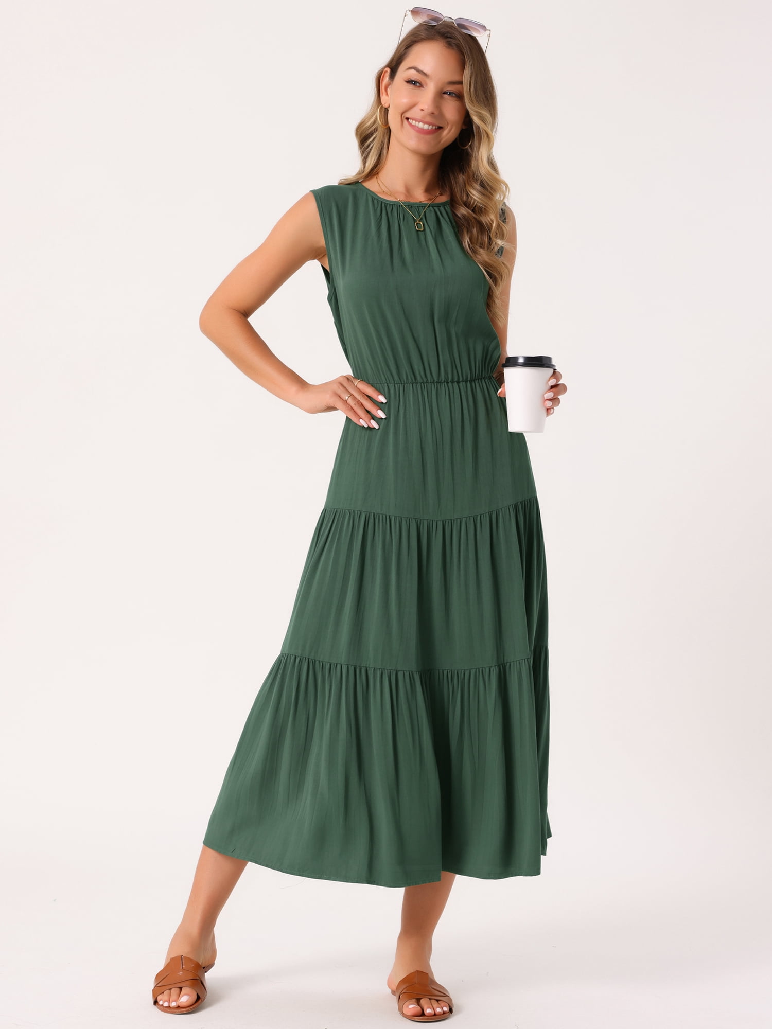 DARING DIVA Sleeveless Crewneck Tiered Casual Midi Dress M Army Green