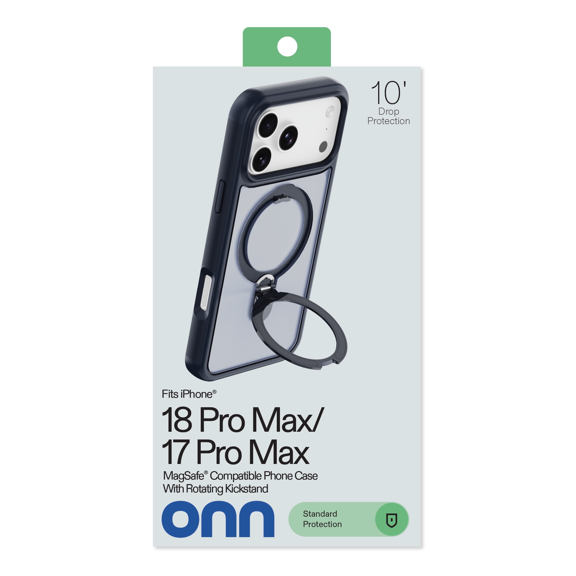onn Phone Case with Ring Kickstand for iPhone 18 Pro Max / 17 Pro Max, MagSafe Compatible, Rotating Kickstand - Frosted Blue/Blue