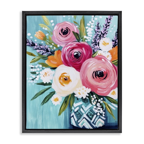 Stupell Industries Contemporary Decorative Vase Ranunculus Bouquet Black Floating Frame Canvas Art, 17 x 21, by Petals Prints Design