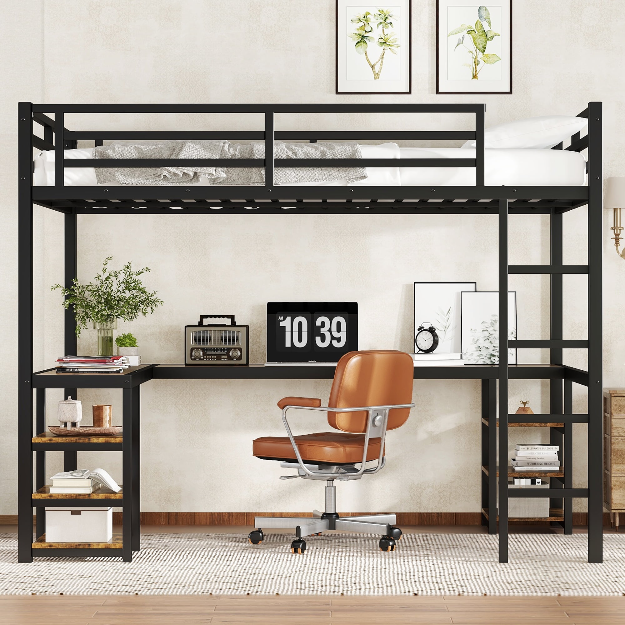Mintazer Twin XL Loft Bed with Desk and Storage Shelves, Metal Loft Bed Frame with Ladder and Guardrails, Black