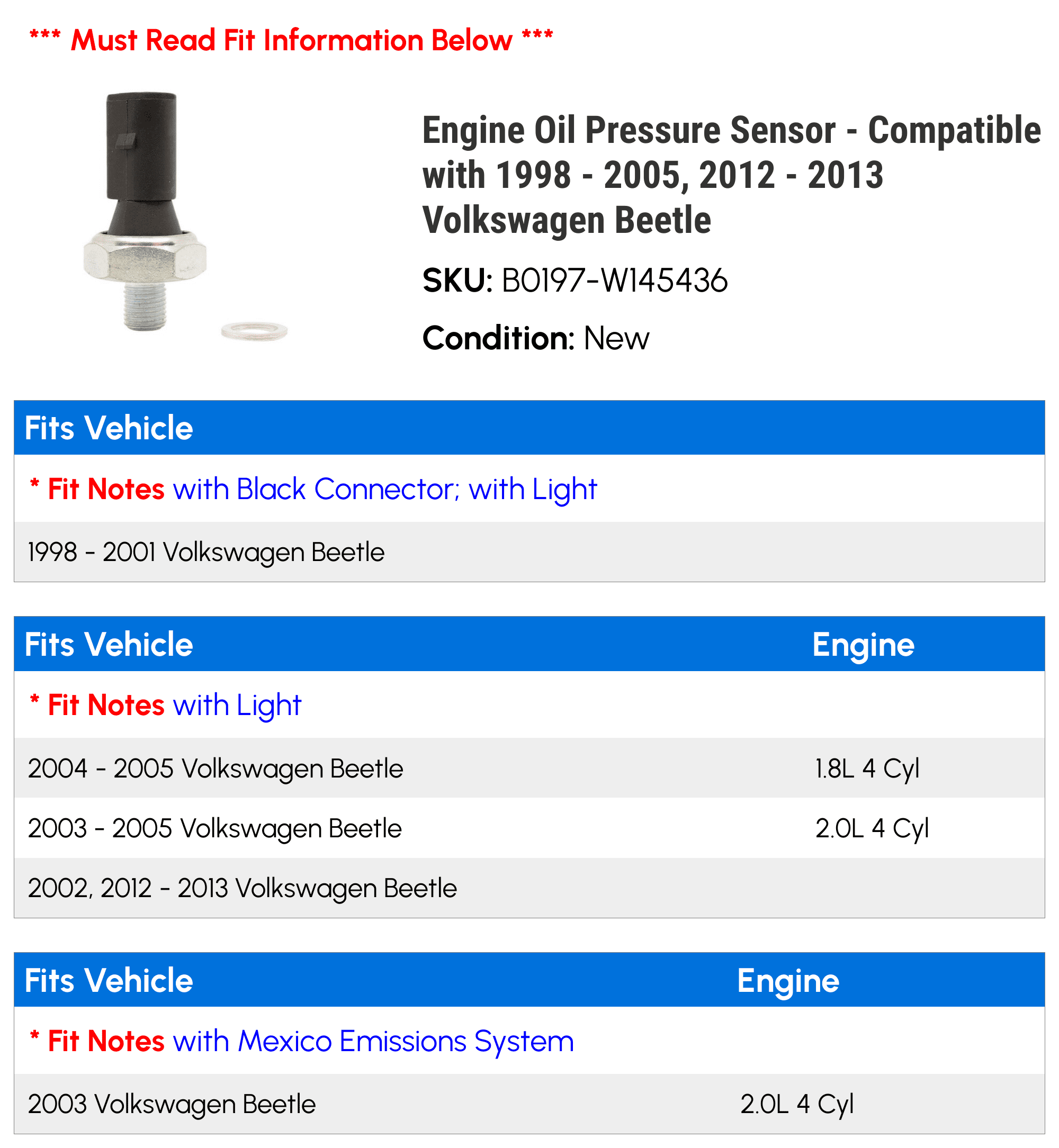 Engine Oil Pressure Sensor - Compatible with 1998 - 2005, 2012 - 2013 Volkswagen Beetle 1999 2000 2001 2002 2003 2004