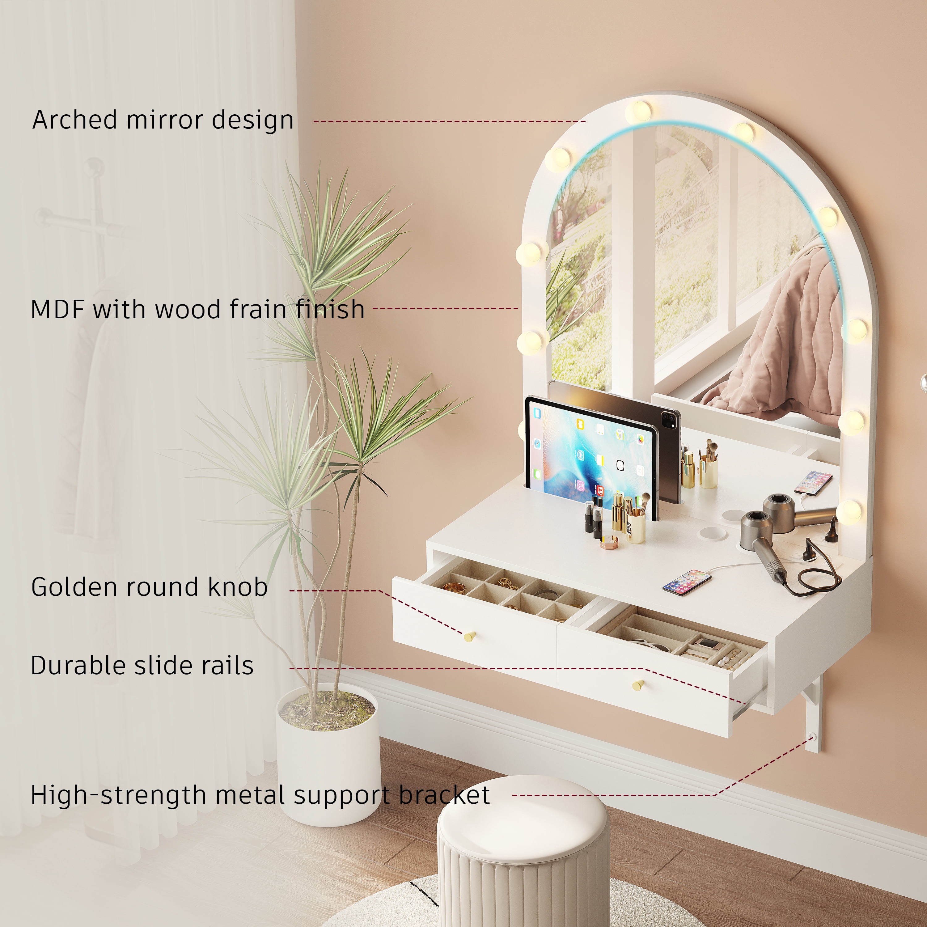 GARITIN Floating Makeup Vanity Desk 31.5 Inch, Wall Mounted Dressing Table with LED Mirror and Power Outlet for Bedroom Bathroom, White