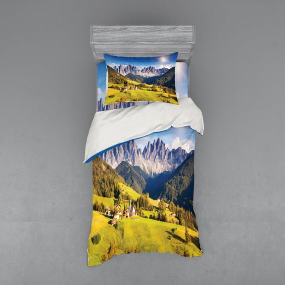 Ambesonne Nature Bedding Set 3 Pcs, Morning at Countryside, Twin, Grey and Green