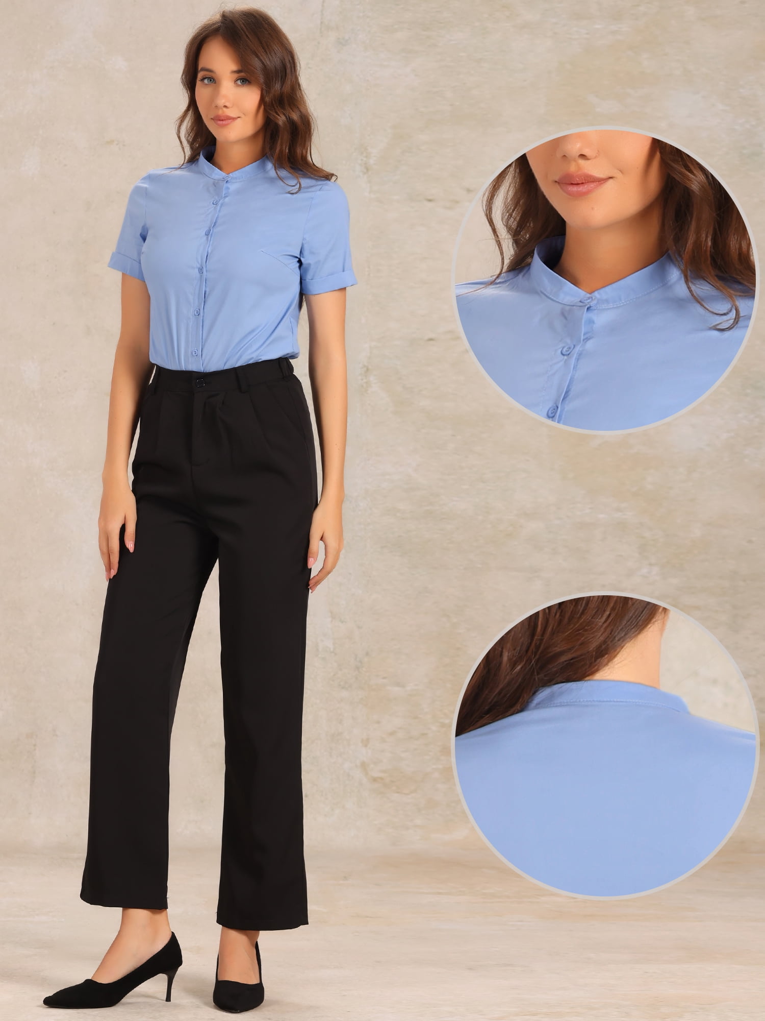 DARING DIVA Button Down Bodysuits Stand Collar Short Sleeve Office Shirt XL Blue