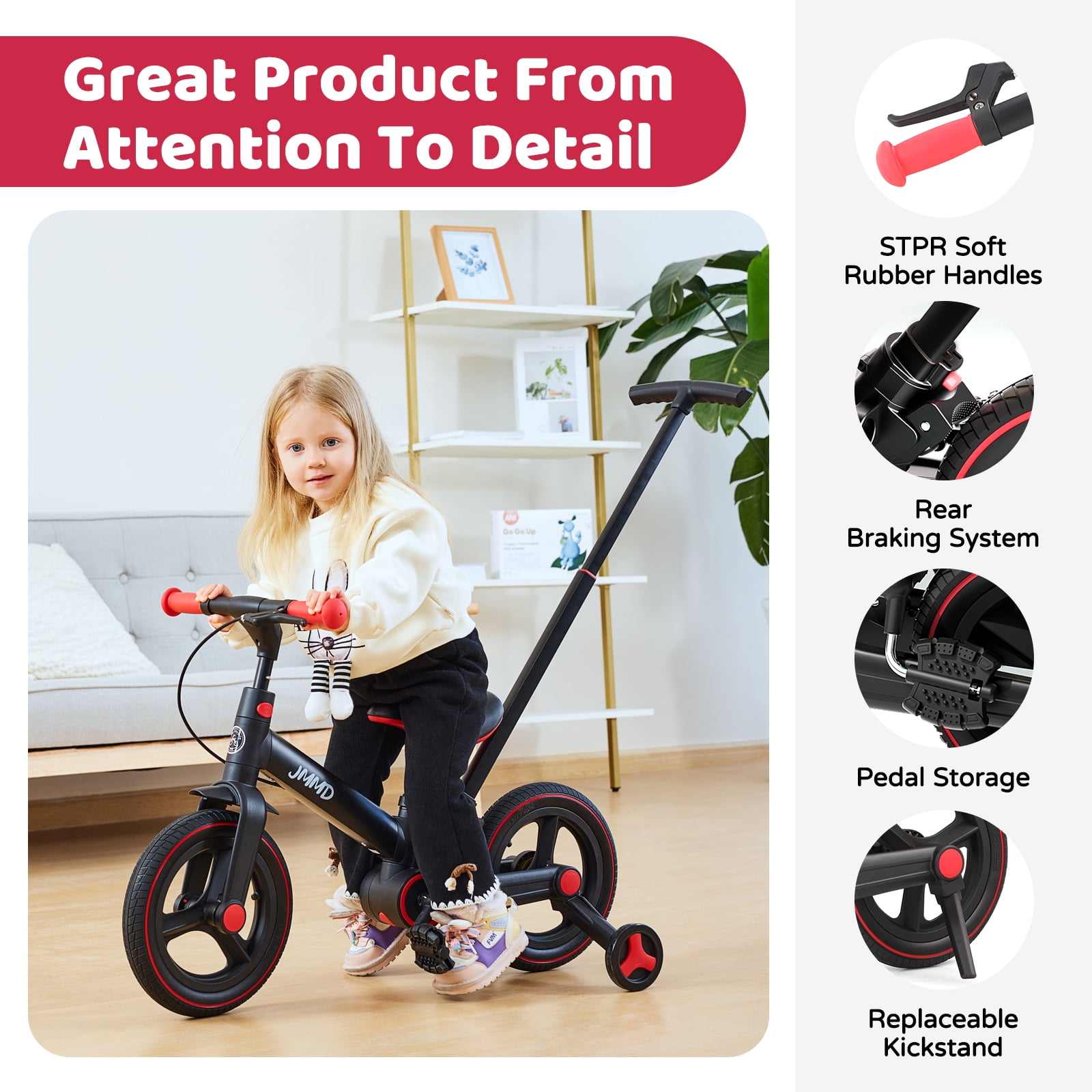JMMD Toddler Bike with Push Handle for Kid 18-60 Months, 6 in 1 Foldable Tricycle with Training Wheel, Pedals, Kid Balance Bike for Boy & Girl, Black