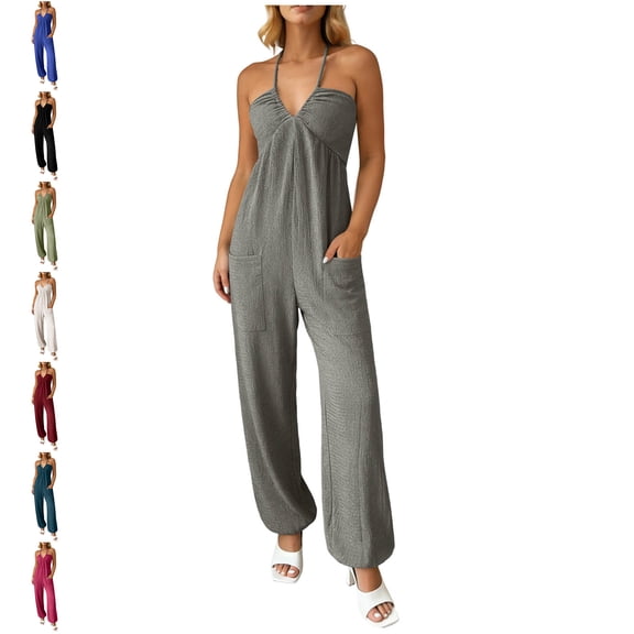 MLCDZ Women's Plus Size Backless Halter Jumpsuit Deep V Neck Sleeveless wide leg Loose Long Pants Summer Romper with Pockets
