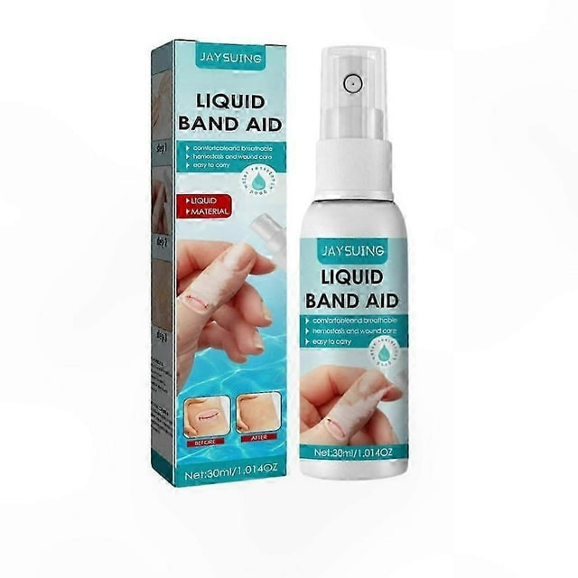 liquid bandage for wound care, skin adhesive for first aid and protection 30ml Front-facing 30ml spray bottle and matching retail box of transparent liquid dressing; white pump bottle with teal label and box showing application photos, described as an ultra-thin, flexible film that dries clear and forms a protective layer over minor cuts to help keep out moisture, dust and bacteria while allowing breathability. Portable and easy to apply, often used to protect small wounds during daily activities or travel.