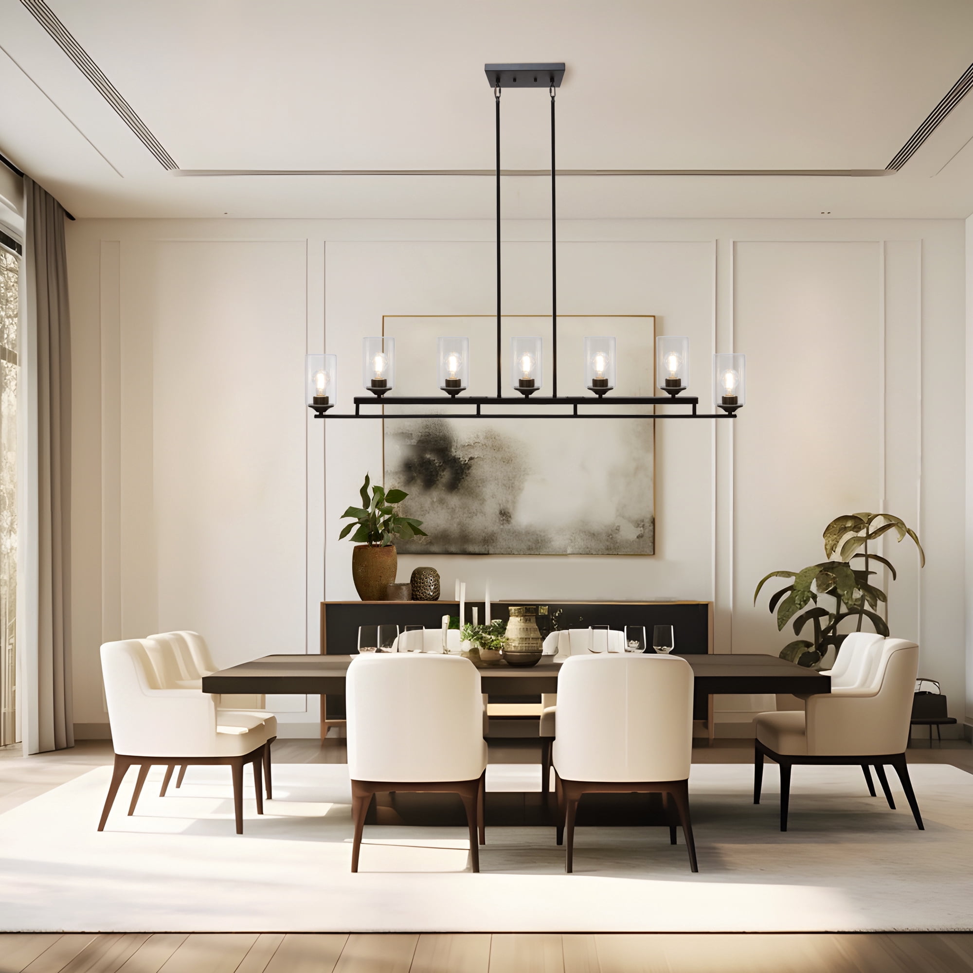 LNC 7-Light Matte Black Modern Linear Pendant with Clear Glass, Large Kitchen Island