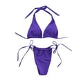thumbnail image 3 of Plus size Swimsuits Women Solid Push Up High Cut Lace Up Halter Bikini Set Two Piece Swimsuit Purple 8(L), 3 of 9