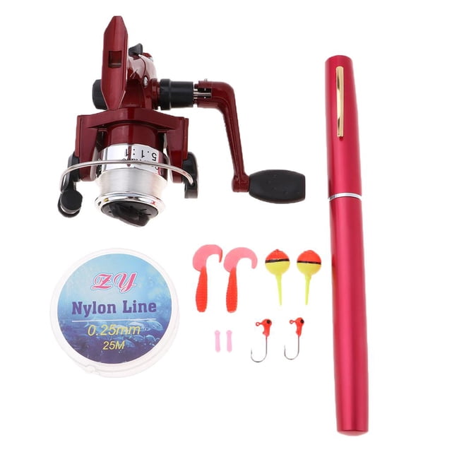 ZheElen Mini Portable Pocket Fish Pen Shape Alloy Gold Rod Reel Aluminum Fishing Red