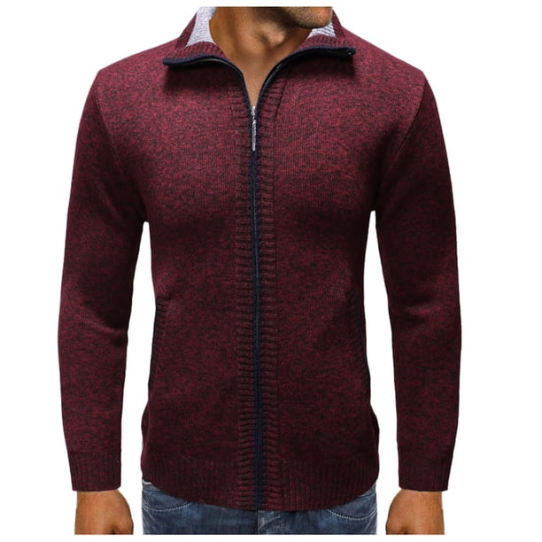 Gibobby Suéter cárdigan hombre Chaqueta de punto con cremallera completa para hombre, cuello alto, de algodón(Vino,M)