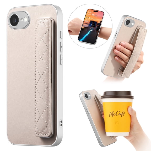 Designed for iPhone 17e/16e PU Leather Case with Wristband, Back Cover Hard PC Shockproof Finger Grip Hand Strap Shockproof Protective Phone Case for Men Women Girls, Beige