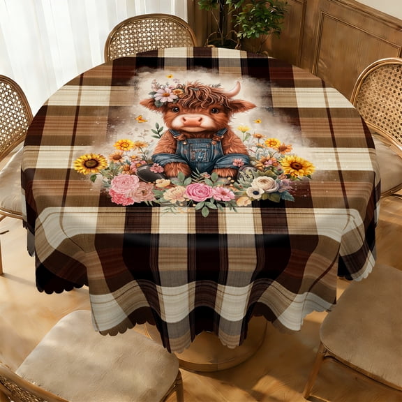 Janvonne Rustic Country Style Round Tablecloth 60" Highl and Cow Farmhouse Plaid Machine washable High Quality Table Cover for Kitchen, Dining, Picnic