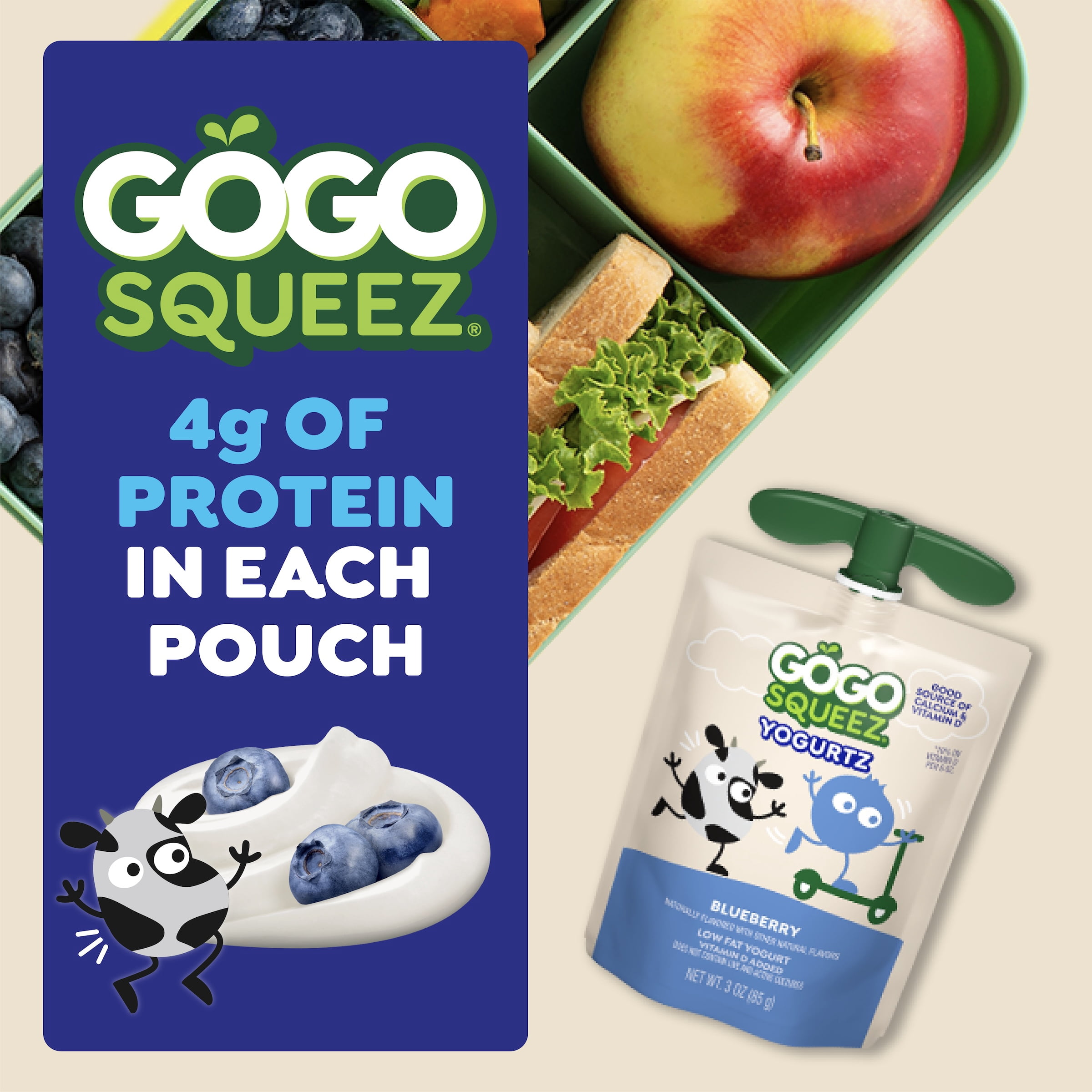 GoGo squeeZ Low Fat Yogurtz Blueberry and Berry Yogurt Snack Pouches, 3 oz (10 Pack)
