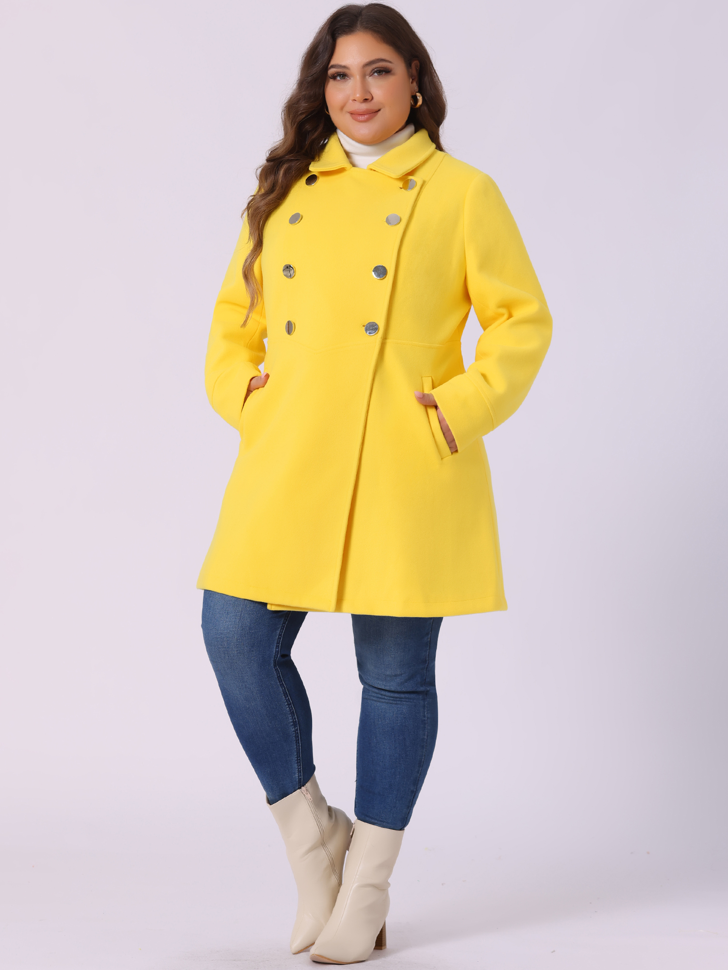 DARING DIVA Women's Plus Size Turn Down Collar Double Breasted A Line Coat 4X Yellow