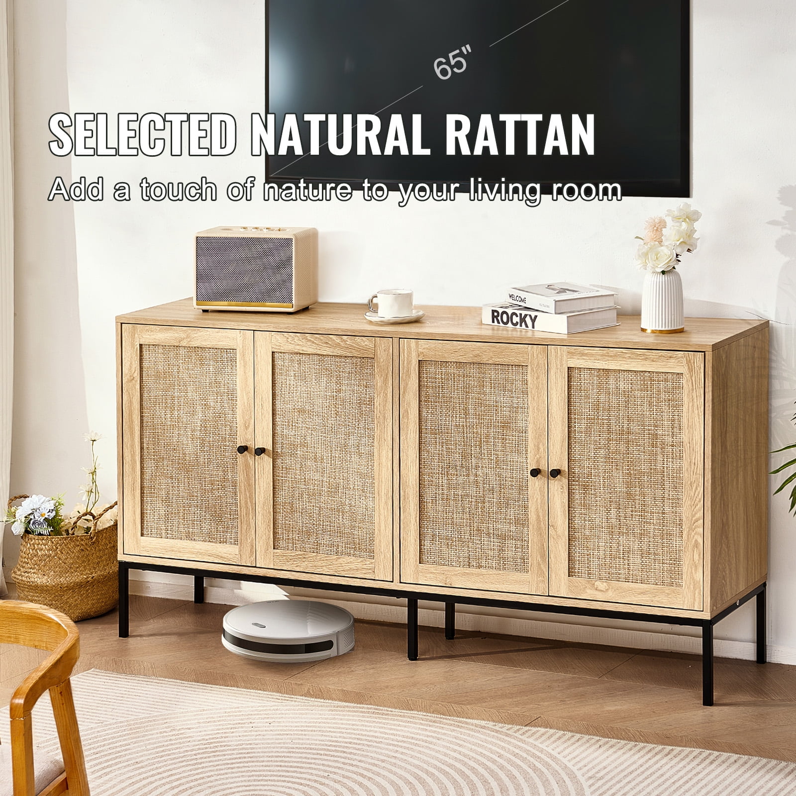 KFFKFF Wicker Cabinet, Wicker Storage Unit with 4 Magnetized Doors and Customizable Shelving, Multipurpose Cabinet for Corridor, Foyer, Lounge, or Kitchen, Organic